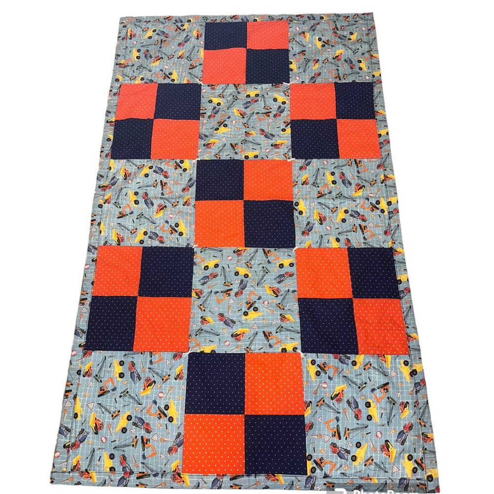 Handmade Quilt Trucks Tools Construction Blanket Blue Orange 50‎ 1/2" X 30 1/2"